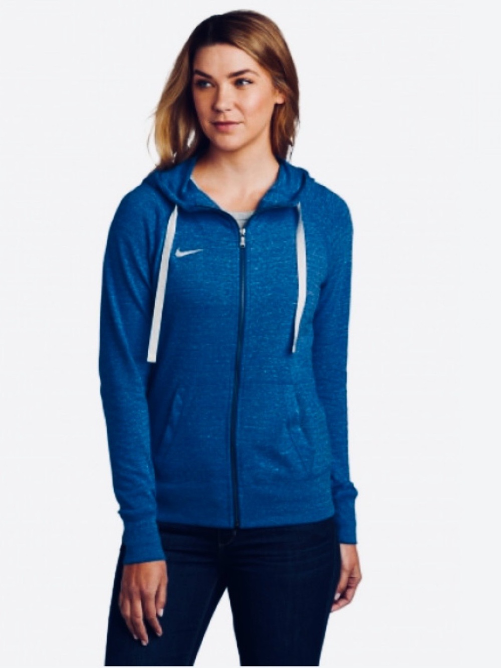 Nike Zip Up Hoodie Sweater Medium Blue Heathered Organic Gym Sporty VTG Pockets